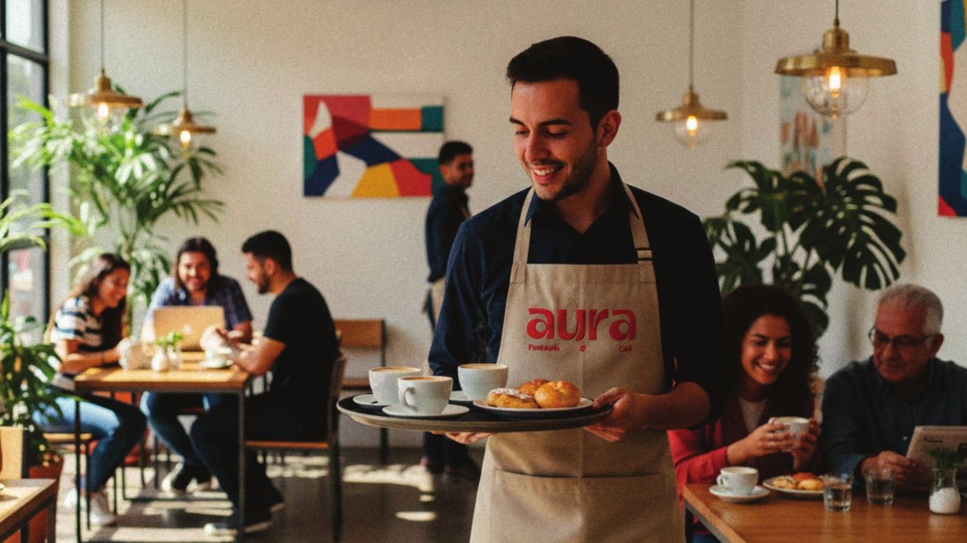 Mesero con delantal de Aura sirviendo café en el local