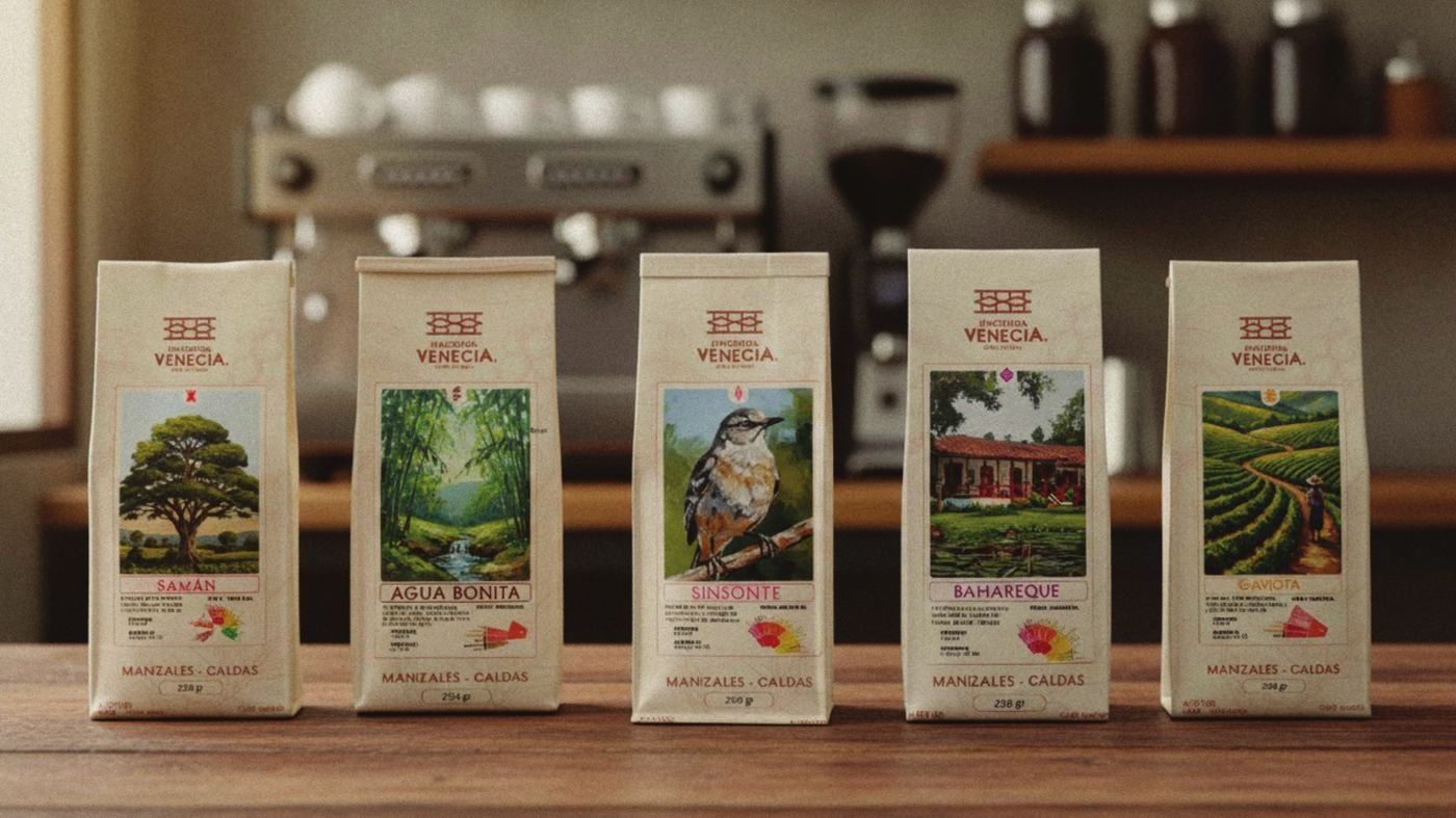 Línea de empaques de Hacienda Venecia sobre una barra de café